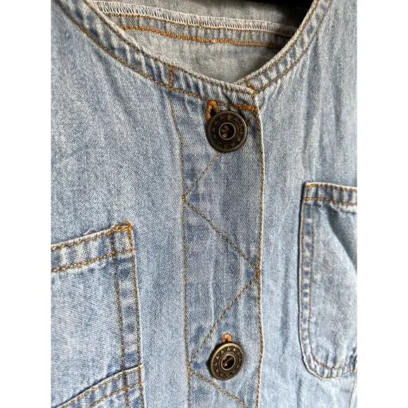 Vintage 1990's Light Denim Jean Ruffle Mini Dress Medium Western Coastal Cowgirl - Picture 3 of 5